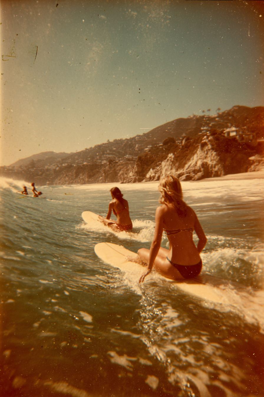 Young women surfing in Malibu